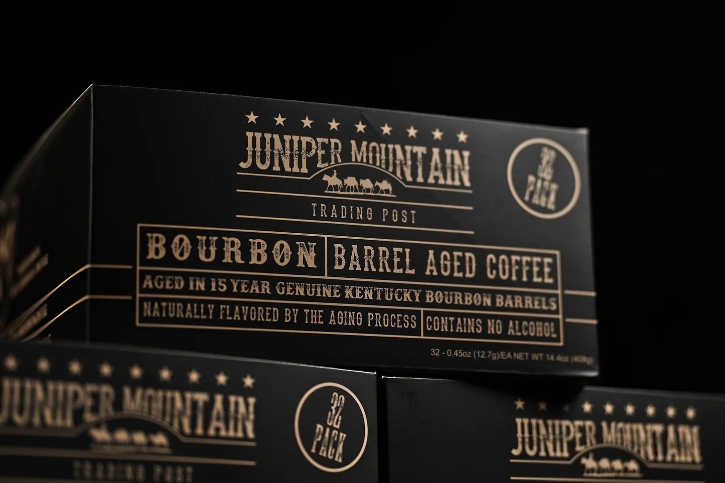 Juniper Mountain Bourbon Barrel Aged Coffee aged in 15 year genuine Kentucky Bourbon Barrels naturally flavored by the aging process