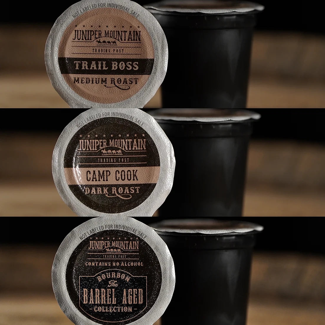 Juniper Mountain Coffee coffee pod variety set Trail Boss medium roast Camp Cook dark roast Bourbon Barrel Aged Collection