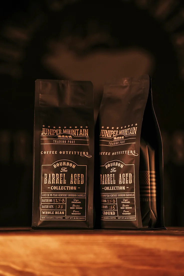 Bourbon Barrel Aged Bagged Coffee by Juniper Mountain Coffee