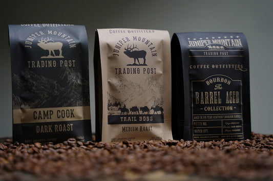 Juniper Mountain Coffee variety three pack dark roast medium roast and bourbon barrel aged coffee